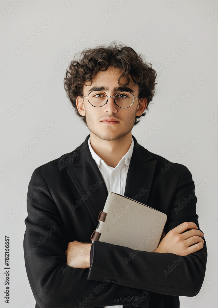 A confident young manager holding a diary, looking at the camera, against a white background A confident young manager holding a diary, looking at the camera, against a white background