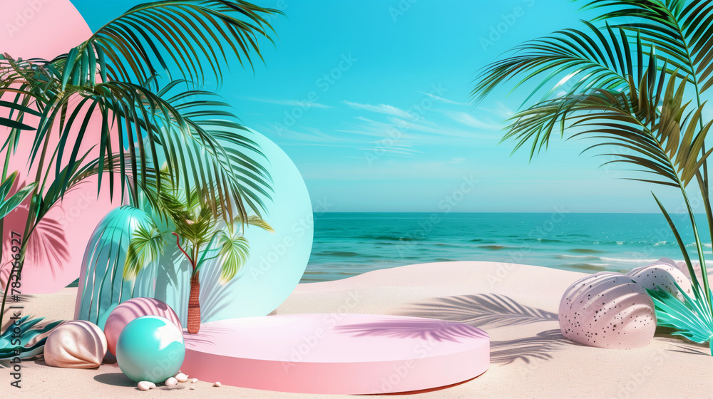 Stylized tropical beach scene with pastel colors and geometric shapes