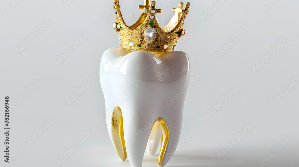 Healthy tooth with golden crown. Isolated on white - obrazy, fototapety, plakaty 