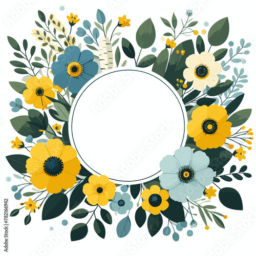 A floral wreath frame with yellow and blue flowers, green birch leaves, flat color style with circular white copy space.