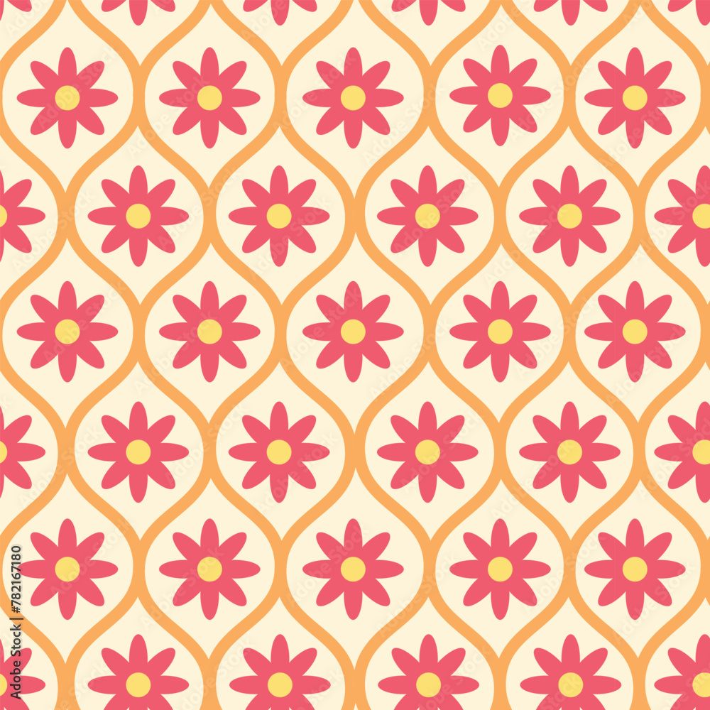 Retro Red Flowers on Orange Mid Century oval ogee seamless pattern over white background. For home décor, textile and fabric - obrazy, fototapety, plakaty 
