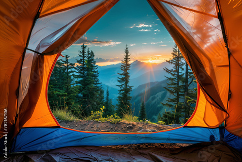 Camping tent in beautiful nature landscape mountain view. Travel, outdoors activity and vacation