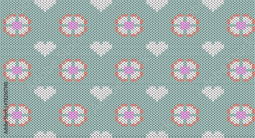White flower and heart on green knitting pattern, Festive Sweater Design. Seamless Knitted Pattern