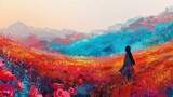 Vibrant digital painting of a person in a colorful field looking towards distant mountains.