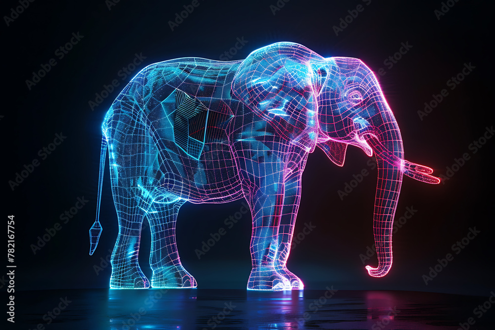 A stunning wireframe visualization featuring a glowing, translucent background with an elegant elephant silhouette. A stunning wireframe visualization featuring a glowing, translucent background with an elegant elephant silhouette.