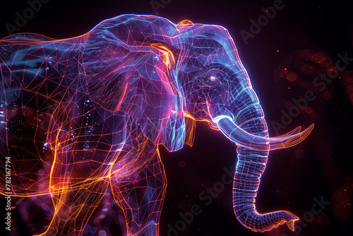 A stunning wireframe visualization featuring a glowing  translucent background with an elegant elephant silhouette.