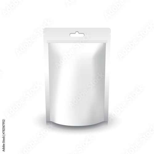 Matte white pouch bag with ziplock mockup. Blank white ziplock stand-up pouch with hanging hole to display or use for food or healthy product. Isolated on white background. Vector illustration.