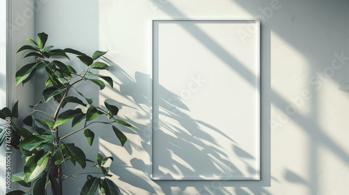 A blank frame mockup on a white wall with shadows of leaves, merging nature with interior design.