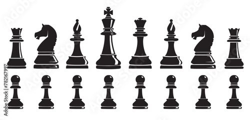 Set of chess vector icons. Black silhouette with chess. King, queen, pawn, horse, rook. 