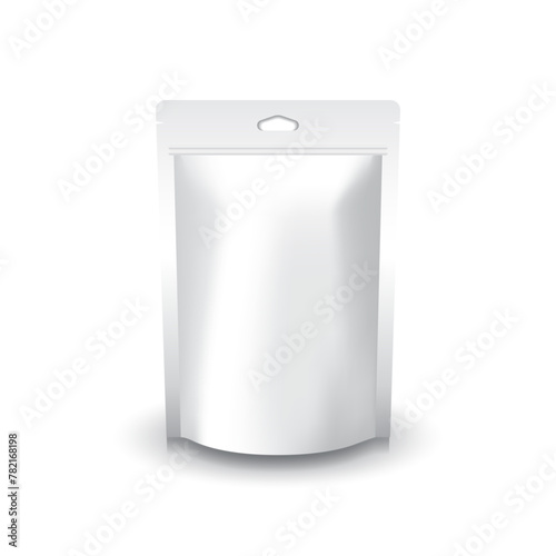 Matte white pouch bag with ziplock mockup. Blank white ziplock stand-up pouch triangle hanging hole to display or use for food or healthy product. Isolated on white background. Vector illustration.