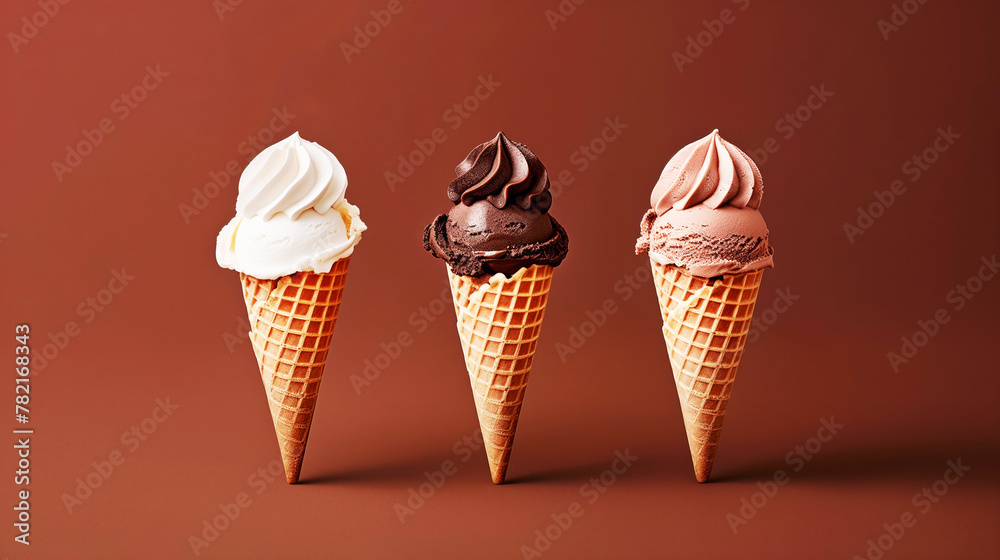 Three different flavored ice creams in waffle cones on a brown background Three different flavored ice creams in waffle cones on a brown background