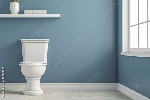 Interior of a modern bathroom with a shelf unit next to a blue wall and a ceramic toilet bowl