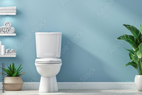 The interior of a modern bathroom showcases a ceramic toilet bowl and a shelf unit positioned beside a blue wall. photo