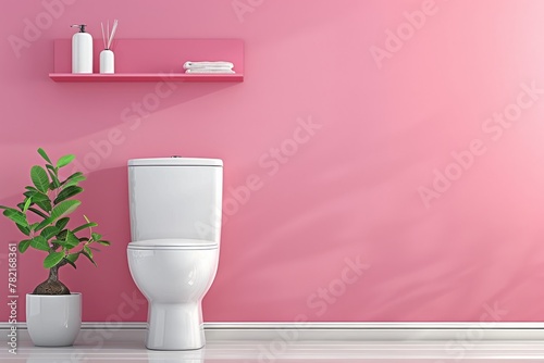 Modern bathroom with a ceramic toilet and a shelving unit by a pink wall