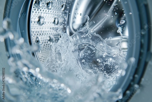 A close-up view of water splashing inside a washing machine during the rinse cycle.