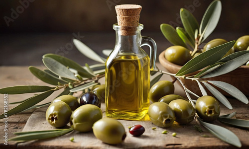 A bottle of olive oil with olives and olive branches on a wooden surface, bathed in soft, golden light.