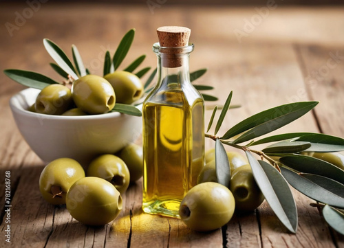 A bottle of olive oil with olives and olive branches on a wooden surface, bathed in soft, golden light.