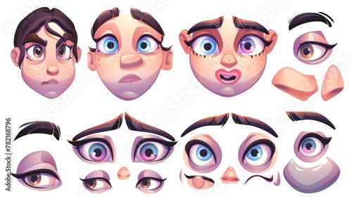 The face of a girl construction, avatar creation with various head parts isolated on white background. A modern cartoon set of young woman eyes, noses, brows, and lips.