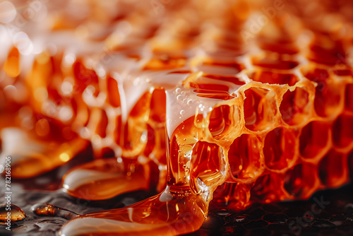 Macro close up golden liquid honey. Sticky orange texture. Honey flow from the honeycomb. Natural background photo