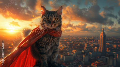 A tabby cat dressed as a superhero stands heroically atop a cityscape at dusk, portraying a scene of bravery and strength.