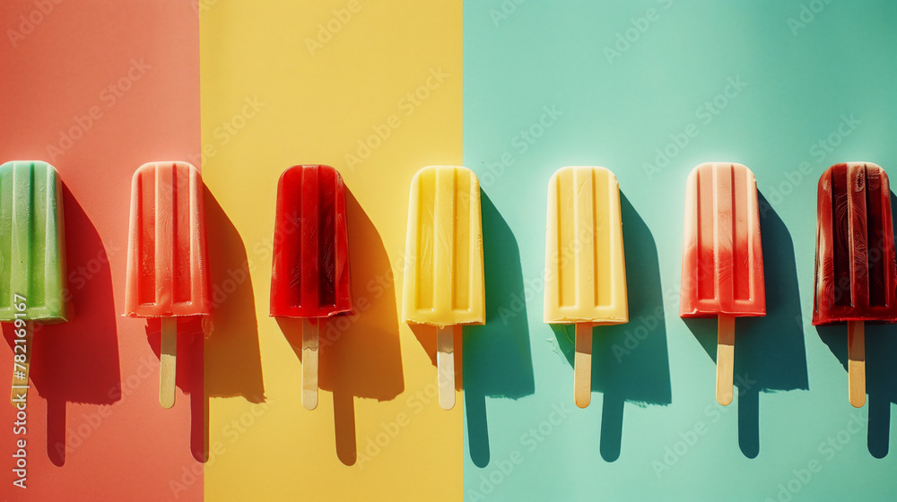 Colorful popsicles aligned on a split background of pink, yellow, and blue Colorful popsicles aligned on a split background of pink, yellow, and blue