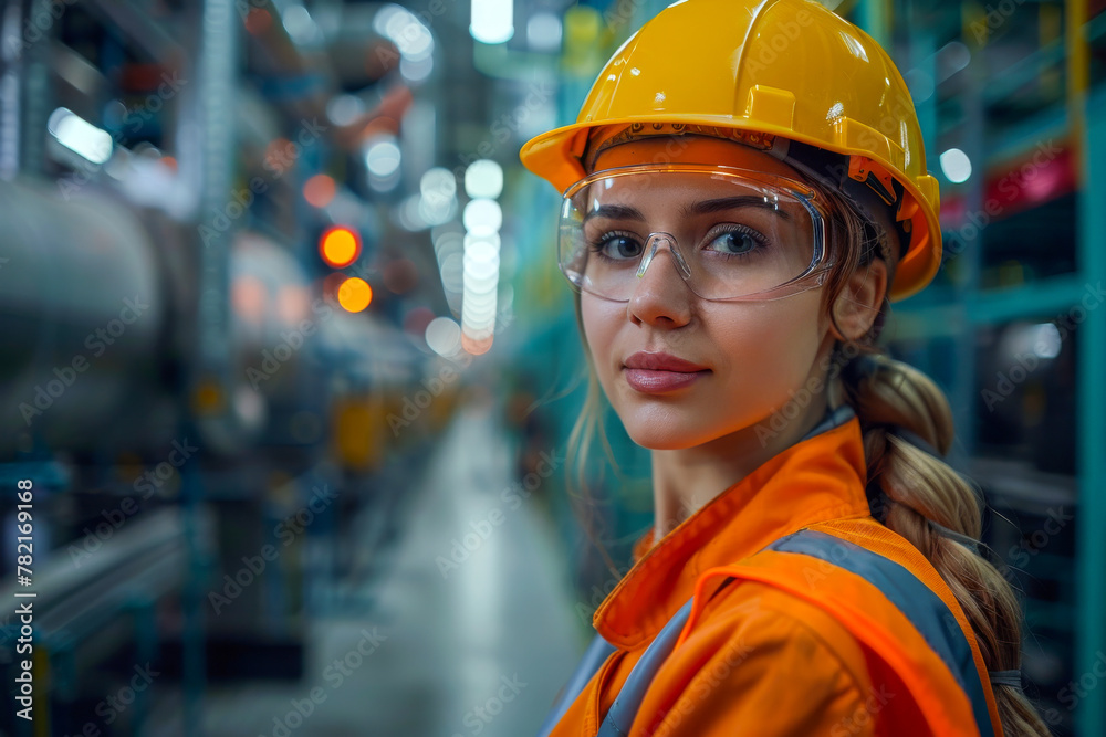 Confident Female Engineer in Industrial Environment Wearing Safety Gear Confident Female Engineer in Industrial Environment Wearing Safety Gear