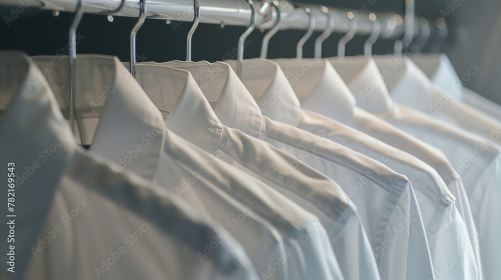 Fototapeta premium White men shirts hanging on rack in a warderobe
