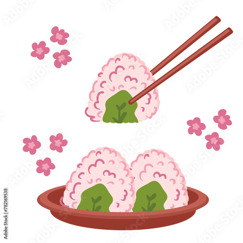 Japanese spring sakura onigiri rice balls on the plate. Perfect for stickers, posters, menu and stationery. Hand drawn vector illustration for decor and design.