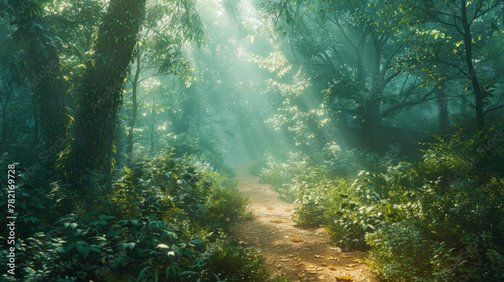 Exploration of a vibrant, mysterious forest with light filtering through the canopy, following a narrow winding path.