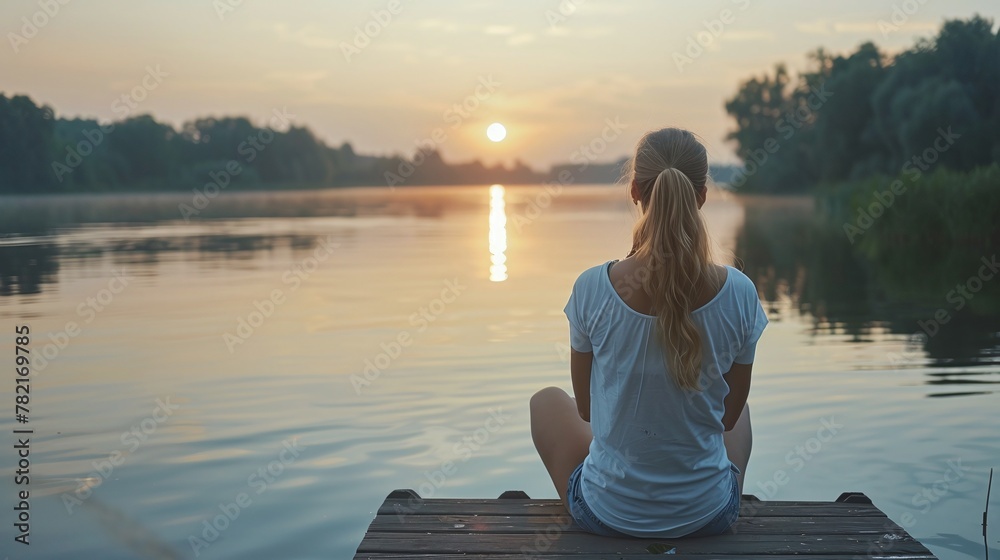 Fototapeta premium outdoor meditation by lake at calm morning, woman on pier enjoying wellbeing and wellness concept