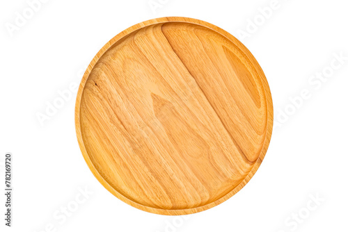 Top view of empty new wooden plate isolated on white background with clipping path.