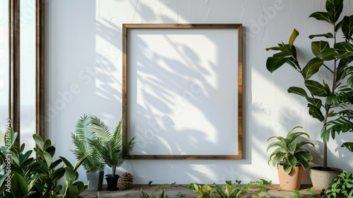 A serene and creative space with minimalist frame mockup and green indoor plants on a white wall.