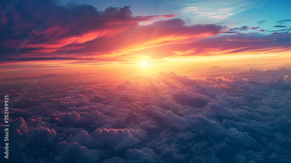 Aerial view of a stunning cloudscape at sunrise from above the clouds.