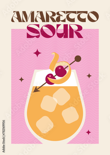 Poster drink. Cocktail art. Amaretto Sour. Retro posters with alcohol cocktails. 90s 80s 70s groovy posters. Modern trendy print. Drink with fruit and ice.