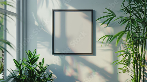 A serene and minimalist space for creativity with a frame mockup on a white wall and green indoor plants