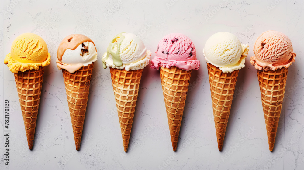 A range of colorful ice cream cones lined up on a marble surface. A range of colorful ice cream cones lined up on a marble surface.