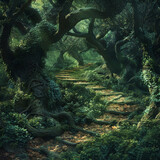 A whimsical forest where trees weave paths astray