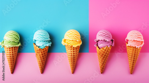 A row of colorful ice cream cones against a split blue and pink background