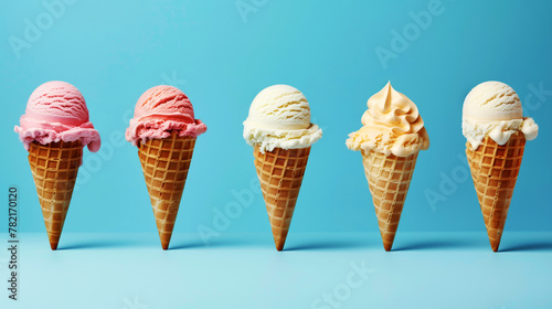 A row of five assorted ice cream cones against a blue background