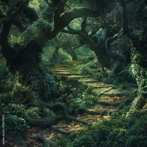 A whimsical forest where trees weave paths astray photo