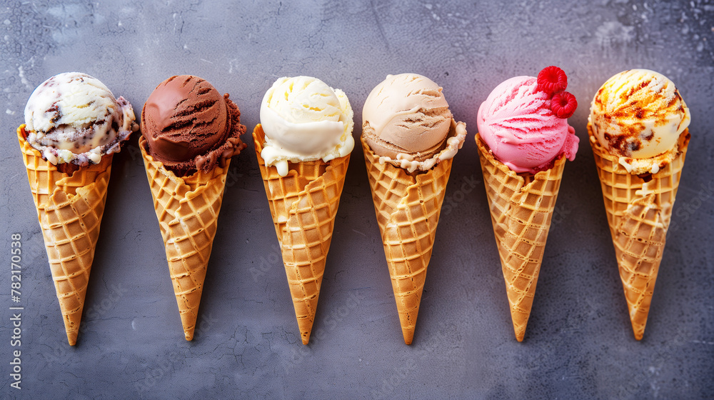 A row of various ice cream cones on a grey textured background. A row of various ice cream cones on a grey textured background.