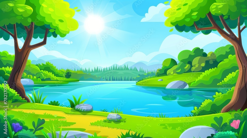 A summer forest landscape with a lake, trees, and paths. Modern cartoon illustration of a landscape with a pond, green grass, bushes, stones, and sunlight.