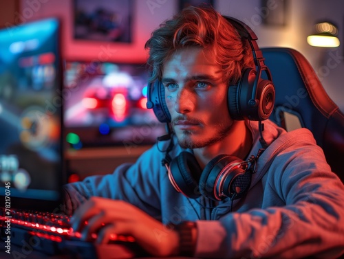 Young gamer in headset playing on pc: Intense young man with headphones playing computer games in a neon-lit room