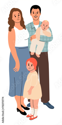 Happy family - parents and two children. Dad holds a baby in his arms. Hand drawn color vector illustration. Illustration of parenthood, childhood. Unity, parenting concept