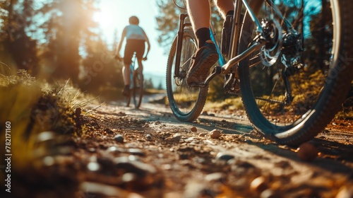 Close-up of a mountain biker riding on a dirt road in the mountains photo