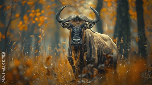 a wildebeest resting in a forest, its closeup view showing its textured fur and powerful physique photo