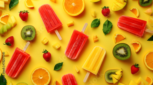 Colorful fruit popsicles and assorted fruits on a vibrant yellow background