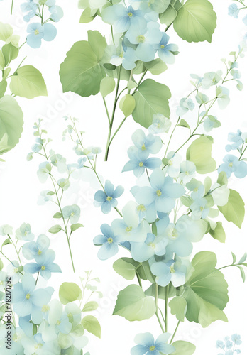 부드러운 베이비 블루 색상의 작고 디테일한 물망초와 섬세한 녹색 잎이 있는 사랑스럽고 봄에서 영감을 받은 꽃 패턴 A lovely, spring-inspired floral pattern with tiny, detailed forget-me-nots in soft, baby blue and delicate green leaves.