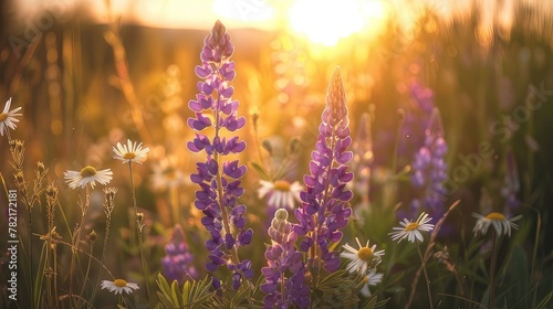 A Serene Evening: Warm Sunset Glow Illuminating Purple Lupines and White Daisies in Soft Light, Emphasizing the Simple Elegance of Wildflowers in a Field 