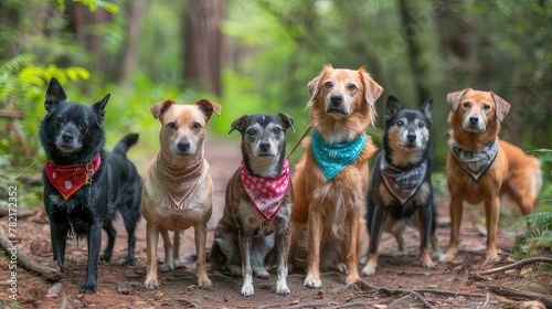 Canine Fitness Adventure Group of Dogs on Guided Nature Hike, Wearing Canine Fitness Month Bandanas, Exploring Forest Trails for Natural Exercise 